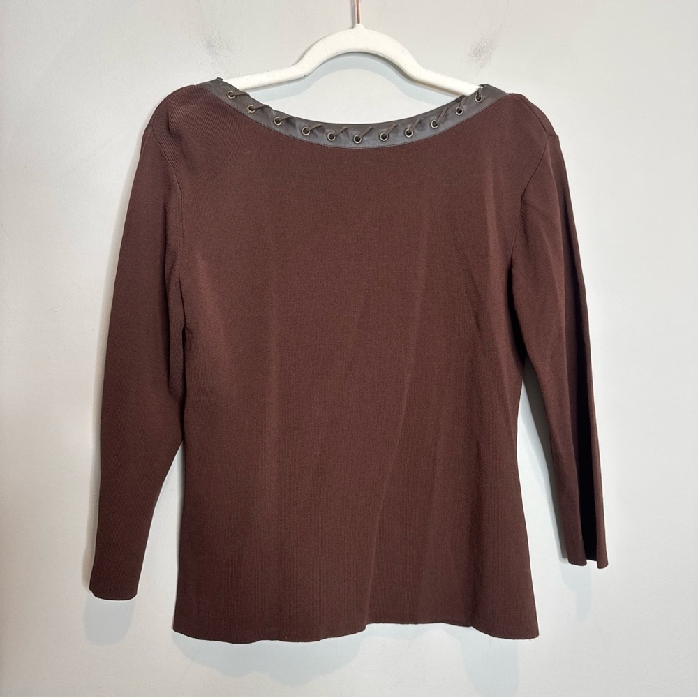 Vintage Y2K 90s Western Top XL Rope Detail Boatneck Chocolate Brown Equestrian